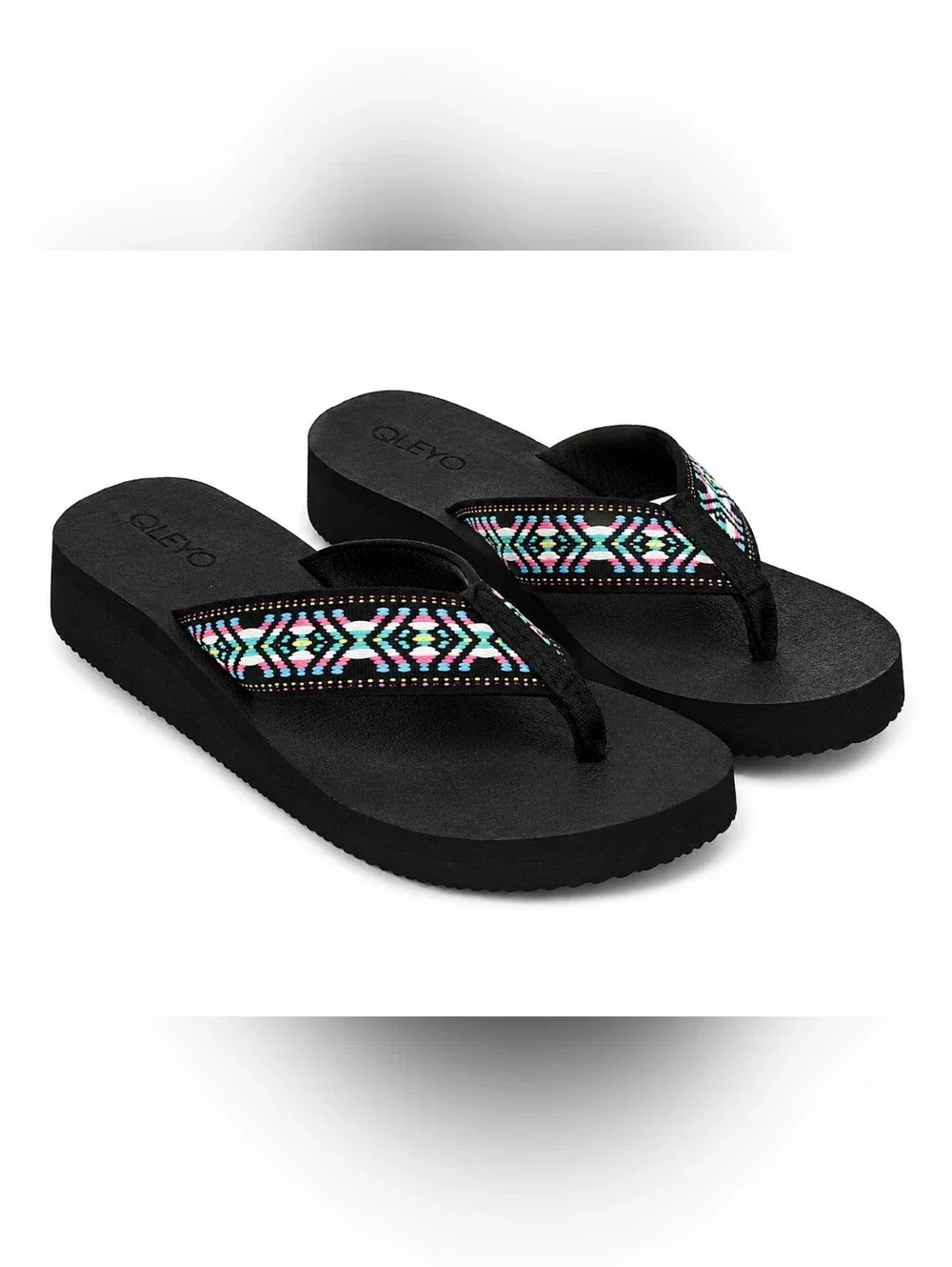 NWOT QLEYO Platform Flip Flops Black Aztec Print Comfort Sandals 11 Beach Cruise